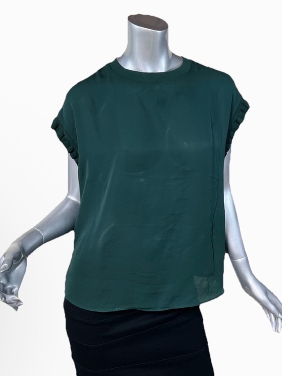Tahari Tops - Tahari Women’s Medium Jungle Green Blouse High Neck Ribbed Trim Ruffle Top NEW